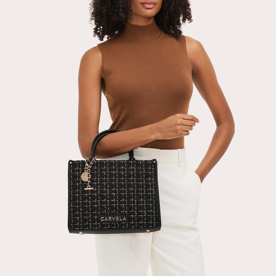 SORRENTO MIDI TOTE Black Tweed Fabric Midi Tote Bag by CARVELA
