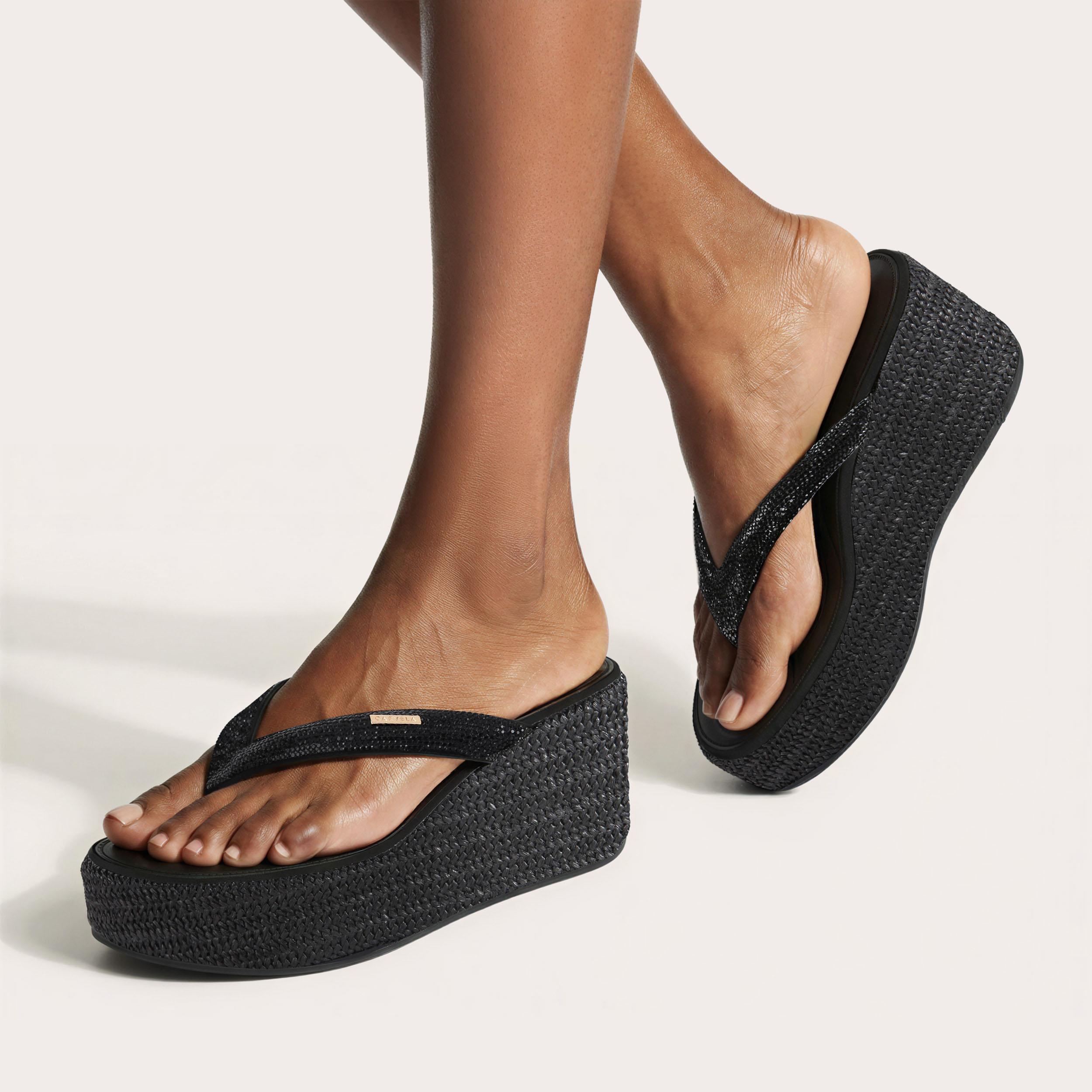 RIVIERA FLATFORM Black Raffia Toe Post Sandal by Carvela
